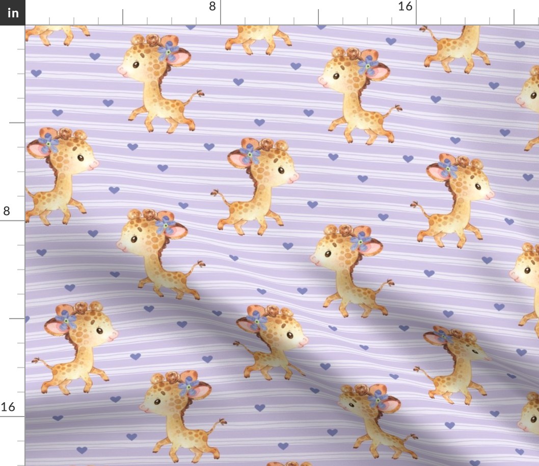 Baby Giraffe + Hearts – Girls Nursery Fabric, Lavender Stripe