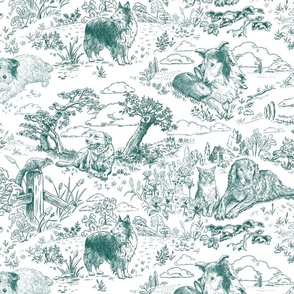 Country Dogs Toile Dark Teal Green on White