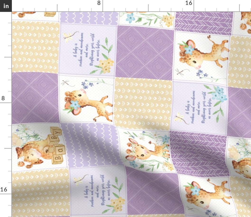 4 1/2" GiGi the Giraffe Patchwork Quilt – Girls Baby Blanket Nursery Bedding (lavender purple yellow) Quilt B, ROTATED