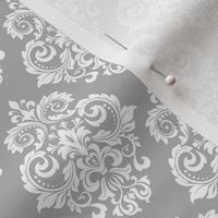 Smaller Scale Floral Damask White on Soft Grey