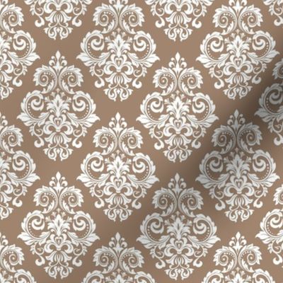 Smaller Scale Floral Damask White on Mushroom Tan