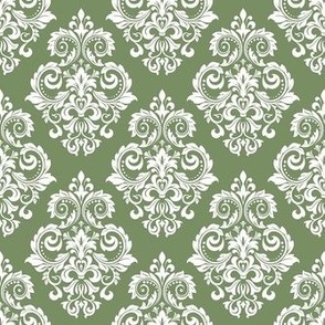 Smaller Scale Floral Damask White on Moss Green