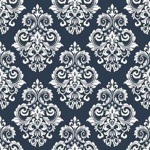 Smaller Scale Floral Damask White on Navy