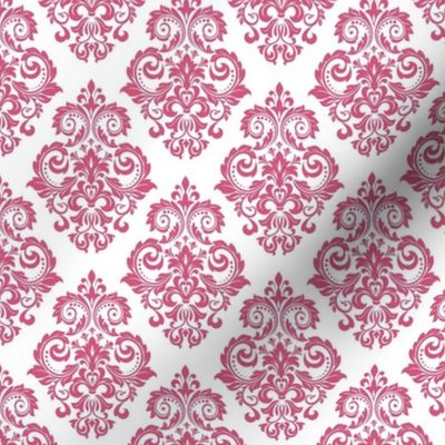 Smaller Scale Floral Damask Hot Pink on White