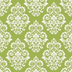 Smaller Scale Floral Damask White on Spring Green