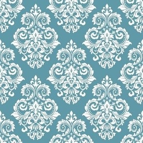Smaller Scale Floral Damask White on Aqua Blue