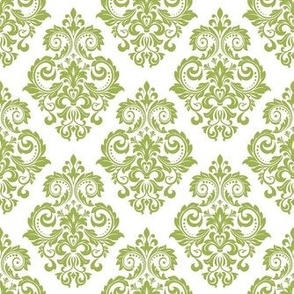 Smaller Scale Floral Damask Spring Green on White