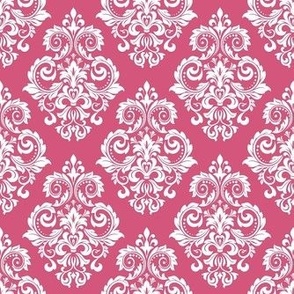 Smaller Scale Floral Damask White on Hot Pink