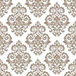 Smaller Scale Floral Damask Mushroom Tan on White