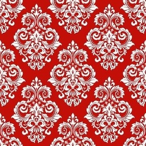 Smaller Scale Floral Damask White on Red