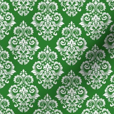 Smaller Scale Floral Damask White on Green