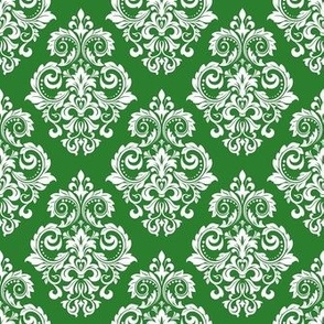 Smaller Scale Floral Damask White on Green