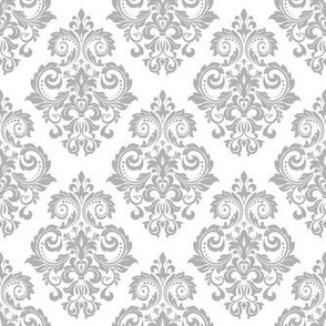 Smaller Scale Floral Damask Soft Grey on White