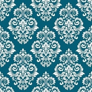 Smaller Scale Floral Damask White on Turquoise Blue