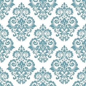 Smaller Scale Floral Damask Aqua Blue on White