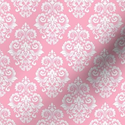 Smaller Scale Floral Damask White on Baby Pink