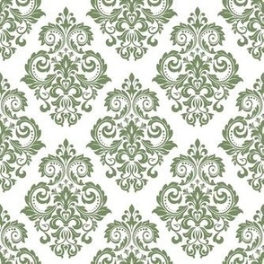 Smaller Scale Floral Damask Moss Green on White
