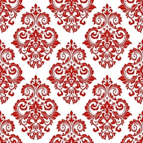 Bigger Scale Floral Damask Red on White