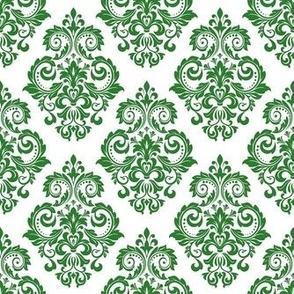 Smaller Scale Floral Damask Green on White