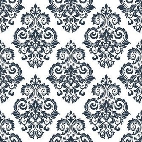 Smaller Scale Floral Damask Navy on White