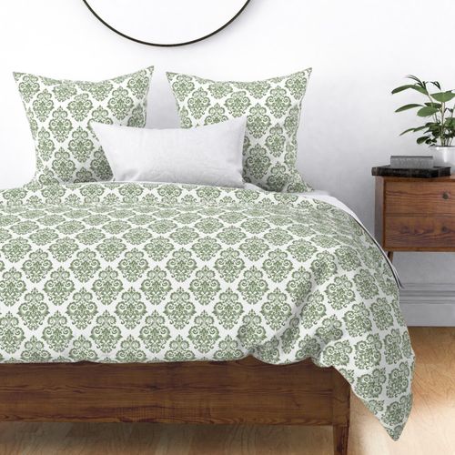 Bigger Scale Floral Damask Moss Green on White