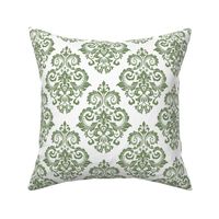Bigger Scale Floral Damask Moss Green on White