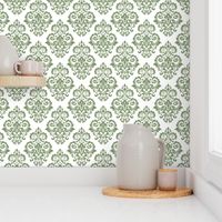 Bigger Scale Floral Damask Moss Green on White