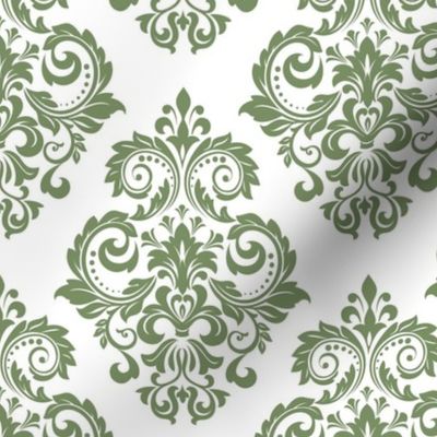 Bigger Scale Floral Damask Moss Green on White