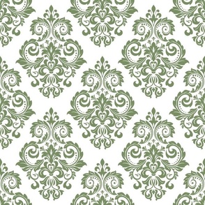 Bigger Scale Floral Damask Moss Green on White