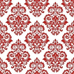 Smaller Scale Floral Damask Red on White