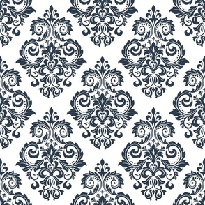 Bigger Scale Floral Damask Navy on White