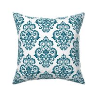 Bigger Scale Floral Damask Turquoise on White