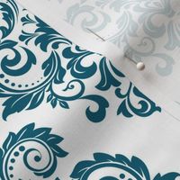 Bigger Scale Floral Damask Turquoise on White