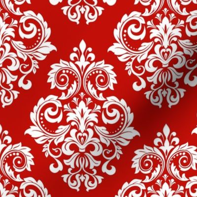 Bigger Scale Floral Damask White on Red