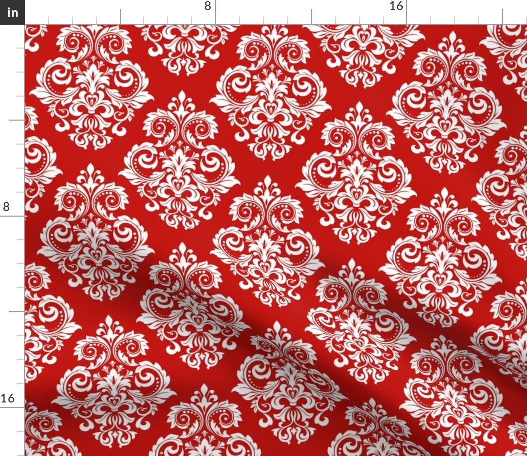 Bigger Scale Floral Damask White on Red