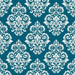 Bigger Scale Floral Damask White on Dark Turquoise