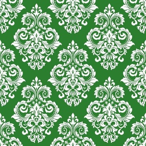 Bigger Scale Floral Damask White on Green