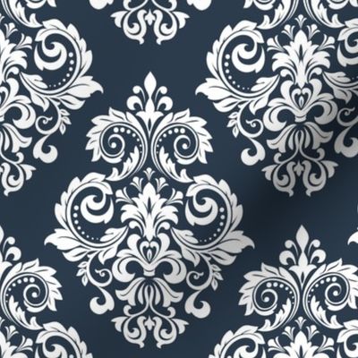 Bigger Scale Floral Damask White on Navy
