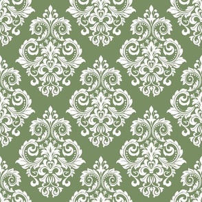 Bigger Scale Floral Damask White on Moss Green