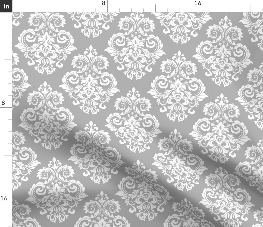 Bigger Scale Floral Damask White on Soft Grey