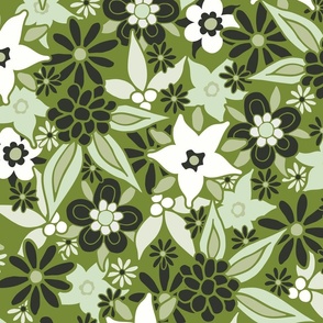 Black Green And Cream Flowers On Green (Large)
