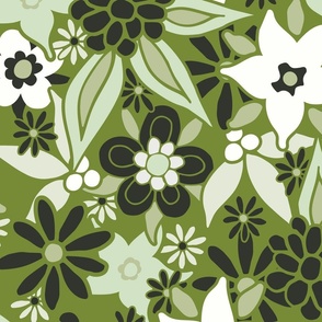Black Green And Cream Flowers On Green (X-Large)
