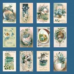 Vintage Easter Postcards in Blues - Fat Quarter Panel | Denim Blue