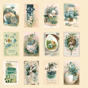 Vintage Easter Postcards in Blues - Fat Quarter Panel | Cream