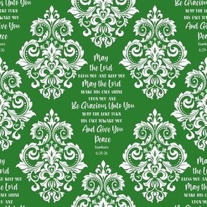 Smaller Scale May The Lord Bless You and Keep You Christian Bible Verses Scripture Sayings and Hymns Green and White Damask