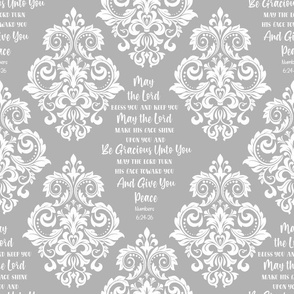 Bigger Scale May The Lord Bless You and Keep You Christian Bible Verses Scripture Sayings and Hymns Soft Grey and White Damask