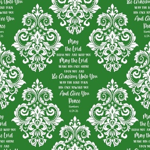 Bigger Scale May The Lord Bless You and Keep You Christian Bible Verses Scripture Sayings and Hymns Green and White Damask