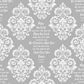 Smaller Scale May The Lord Bless You and Keep You Christian Bible Verses Scripture Sayings and Hymns Soft Grey and White Damask