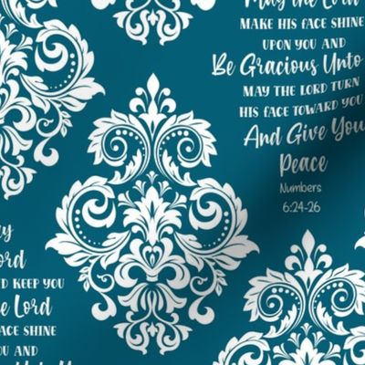 Bigger Scale May The Lord Bless You and Keep You Christian Bible Verses Scripture Sayings and Hymns Turquoise Blue and White Damask