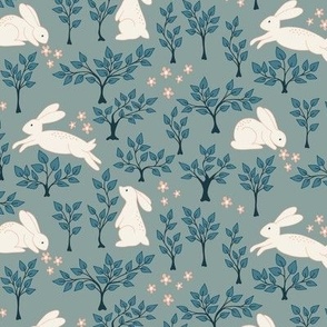 Bunny Rabbits in the garden in light blue - small size